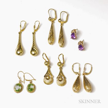 Six Pairs of 14kt Gold Earrings
