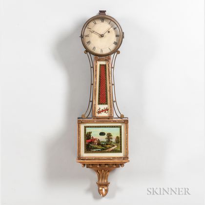 New England Gilt-front Mahogany Patent Timepiece or "Banjo" Clock