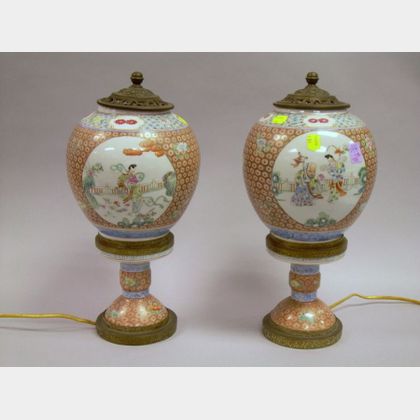 Pair of Chinese Export Porcelain Table Lanterns