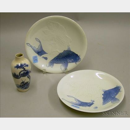 Pair of Japanese Carp Decorated Porcelain Plates and a Small Blue and White Scenic Decorated Vase. 