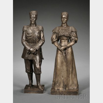 Pair of Silvered Bronze Figures Depicting Nicholas II and Alexandra
