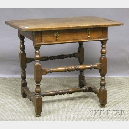 William & Mary Oak Breadboard-top Stretcher-base Table with Drawer. Estimate $200-300