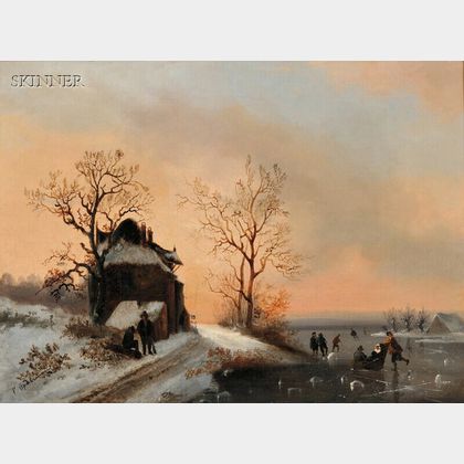 Dutch School, 19th Century Twilight Winter Landscape with Skaters