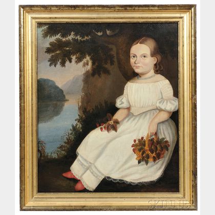 Attributed to Hannah Fairfield (Connecticut, 1808-1894) Portrait of a Girl in a White Dress Holding a Basket of Strawberries