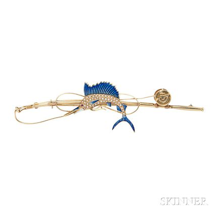 14kt Gold, Enamel, and Seed Pearl Fish and Rod Brooch