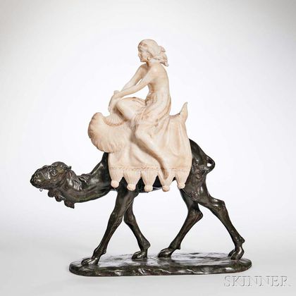 Continental School, Early 20th Century Alabaster and Bronze Figure of a Woman on a Camel, with gilding, woman depicted with hair pulle