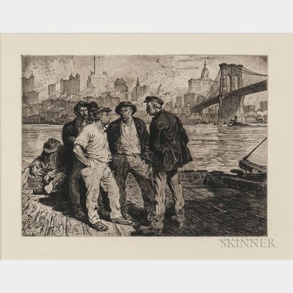 Martin Lewis (American, 1881-1962) Dock Workers under the Brooklyn Bridge