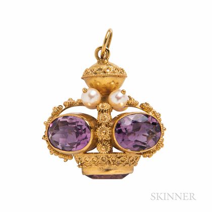 18kt Gold, Amethyst, and Cultured Pearl Charm