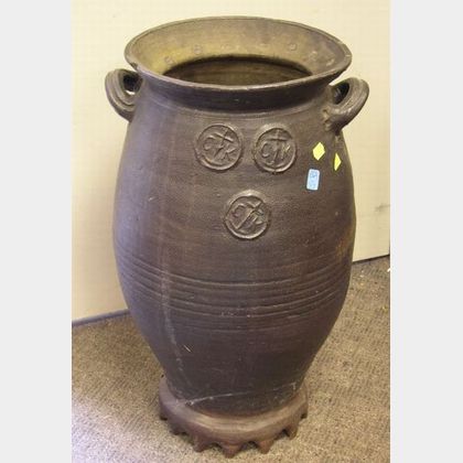 Large Continental Brown Glazed Two-Handled Stoneware Crock. 