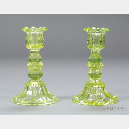 Pair of Light Apple Green Petal and Loop Glass Candlesticks