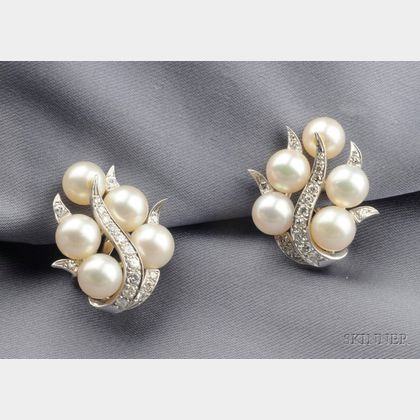 14kt White Gold, Cultured Pearl, and Diamond Earclips