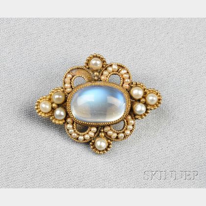 Edwardian Moonstone and Seed Pearl Brooch, Marcus & Co.