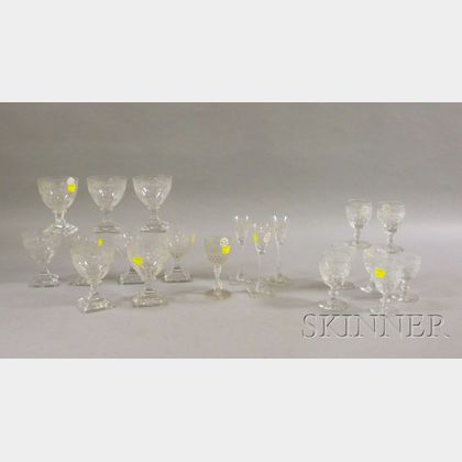Twenty Pieces of Colorless Cut and Etched Glass Stemware