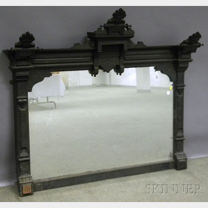 Black-painted Victorian Renaissance Revival Carved Walnut Overmantel Mirror