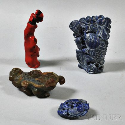 Four Lapis, Coral, and Agate Carvings