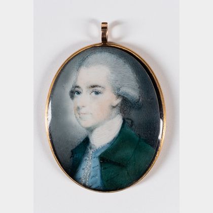 American School, Late 18th Century Miniature Portrait of a Man in a Green Coat