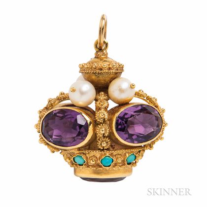18kt Gold, Amethyst, Cultured Pearl, and Turquoise Charm