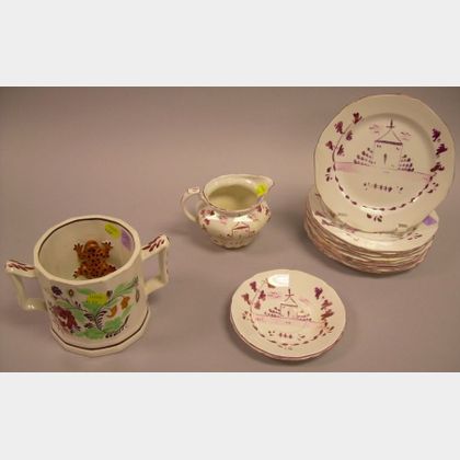 English Pink Lustre Creamer, Eleven Plates, a Pair of Saucers, and a Staffordshire Two-handled Cup. 