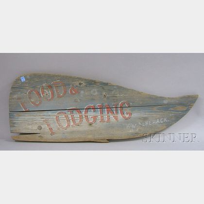"Food & Lodging, Wm. Sleerack" Painted Wooden Whale-shaped Sign