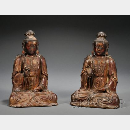 Pair of Gilt-lacquered Wood Buddha