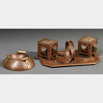 Arts & Crafts Copper Double Inkwell on Tray and an Ashtray