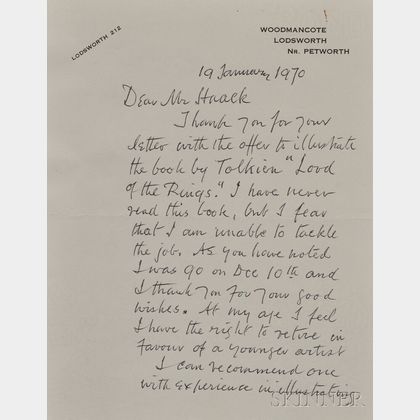 Shepard, Ernest (1879-1976) Autograph Letter Signed, 19 January 1970.