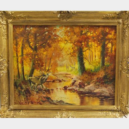 Attributed to Antal Neogrady (Hungarian, 1861-1942) Autumn River View with Deer.