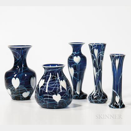 Five Imperial Art Glass Vases with Heart and Vine Decoration