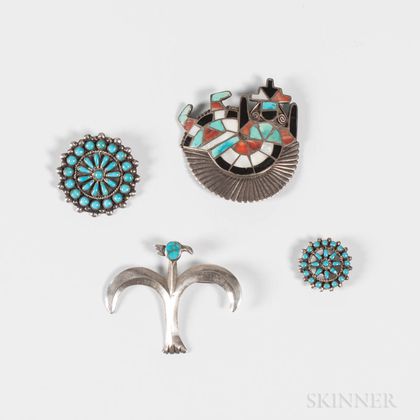 Four Southwest Silver and Turquoise Pins