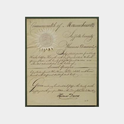 Dawes, Thomas Signed Document Appointing Samuel Sprague an administrator, 1819. 