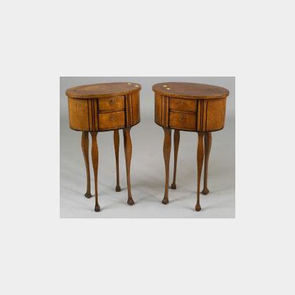 Pair of Continental Ebony Inlaid and Circassian Burl Walnut Two Drawer Tables
