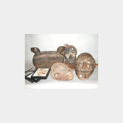 Two African Spears, Carved Wood Box, Three Carved Wood Masks and Three Frames of Points. 