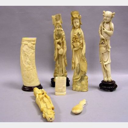 Five Asian Carved Ivory Figures and Ornaments and an Eskimo Carved Table Item. 
