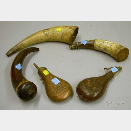 Three Decorated Powder Horns and Two Embossed Copper and Leather Powder Flasks