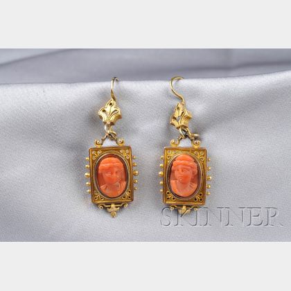 Antique 14kt Gold and Coral Cameo Earpendants