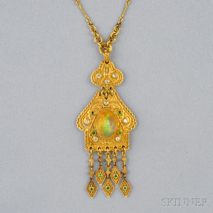 Moorish-style Gold, Opal, Demantoid Garnet, and Diamond Pendant, Marcus & Co.
