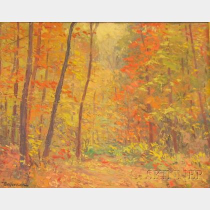 Framed Oil on Canvas Landscape, Autumn Woods