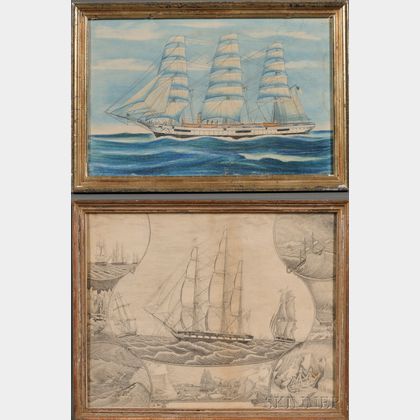 American School, 19th Century Lot of Two Framed Marine Works: Arctic Whaling Scenes, and American Ship at Sea.