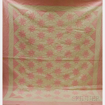 Hand-stitched Pink and White Sateen Pieced Star Pattern Quilt. Estimate $250-350