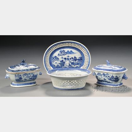 Canton Porcelain Fruit Basket and Stand and Two Small Covered Sauce Tureens