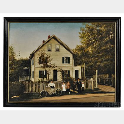 American School, Early 20th Century House Portrait with Family in Front of White Picket Fence