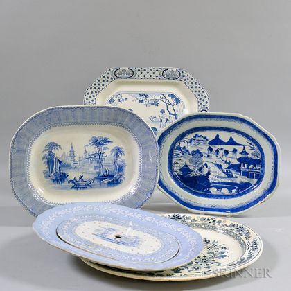 Five Assorted Blue and White Platters