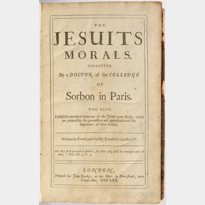 Perrault, Nicholas (1611-1661) The Jesuits Morals. Collected by a Doctor of the Colledge of Sorbon in Paris.