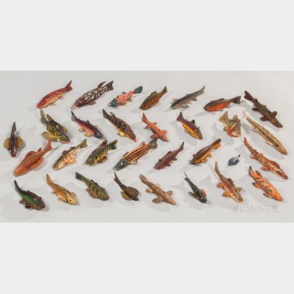 Collection of Thirty-one Carved and Painted Fish Lures