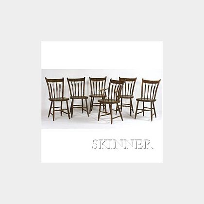 Set of Seven Brown Painted and Decorated Thumb-back Chairs, 