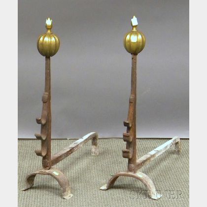 Pair of Baroque Brass and Wrought Iron Andirons