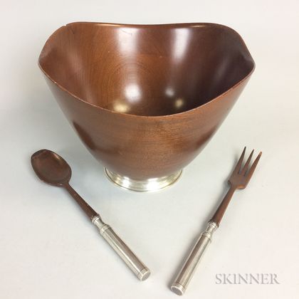 Sterling-mounted Mahogany Bowl and Serving Utensils