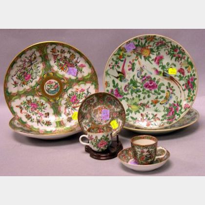 Four Chinese Export Porcelain Rose Canton Plates, and Two Cups and Saucers. 