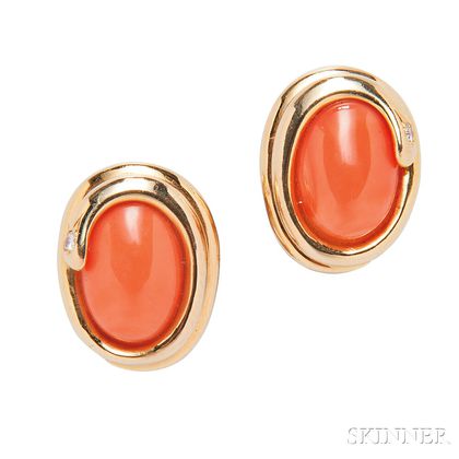14kt Gold, Coral, and Diamond Earclips