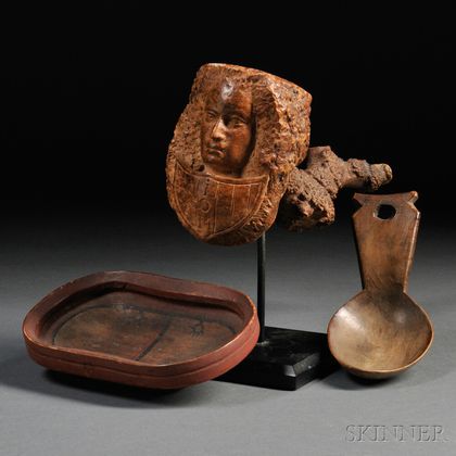 Figural Carved Burl Pipe, Carved Wooden Spoon, and a Painted Wooden Dish